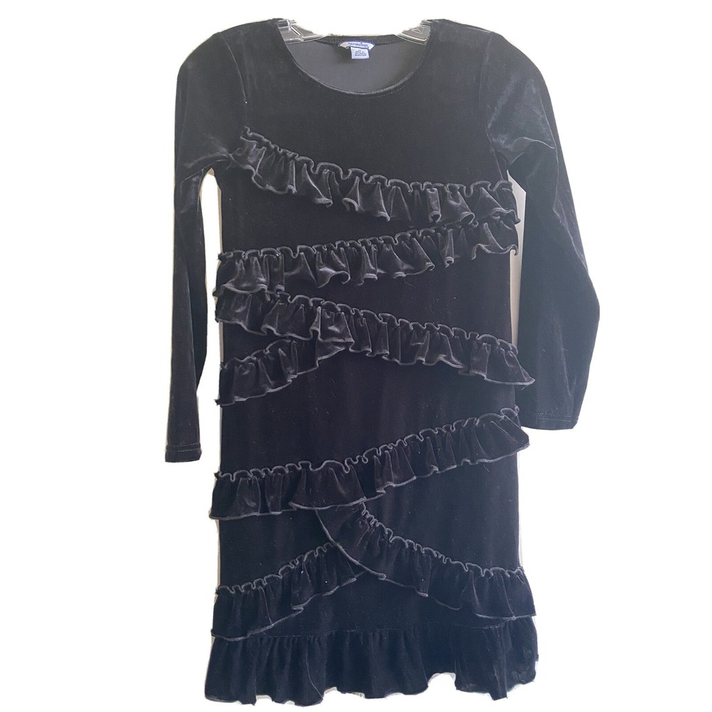 Hartstrings Dress Girls Size 8 Black Velour Ruffle Short Long Sleeve Shift Comfy